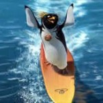 Surf's up penguin on surfboard