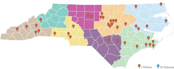 Map of North Carolina counties showing dots where the 2024-25 Kenan Fellows are located.