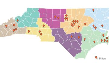 Map of NC counties with dots showing where the 2024-25 Kenan Fellows are located.