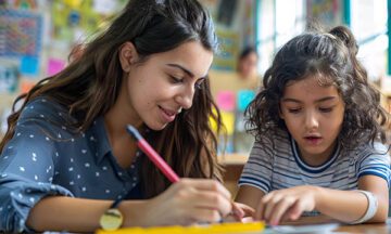 A volunteer tutor helping a child with their homework in an after school program.