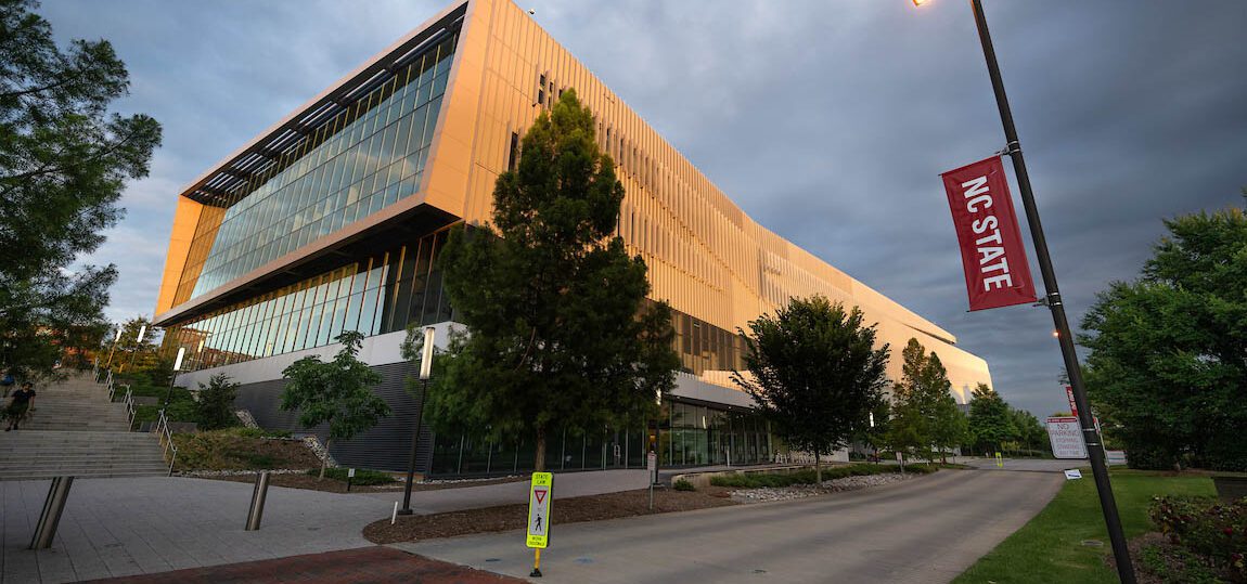 The Hunt library at dusk, on Centennial Campus. Photo by Marc Hall