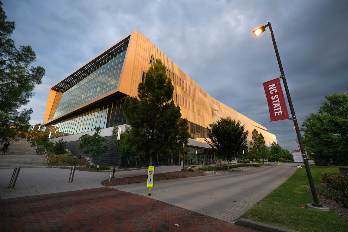 The Hunt library at dusk, on Centennial Campus. Photo by Marc Hall