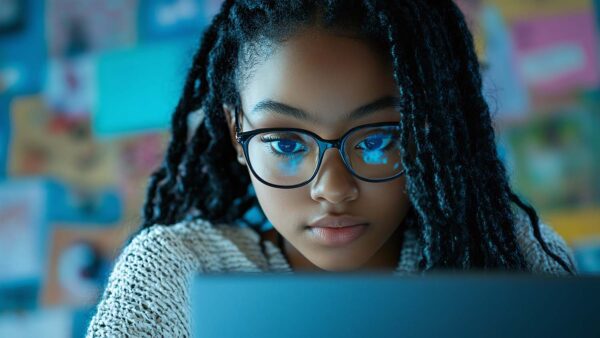 Student wearing glasses working on a laptop