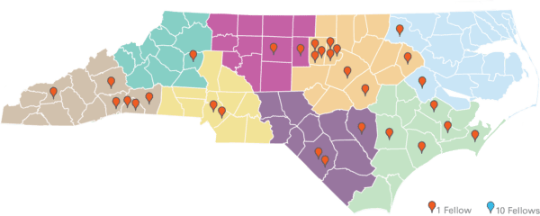 Map of NC with location dots showing the counties where the 25-26 Kenan Fellows are located.