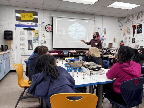 Drew Davidson visits Christine Suzina's classroom.