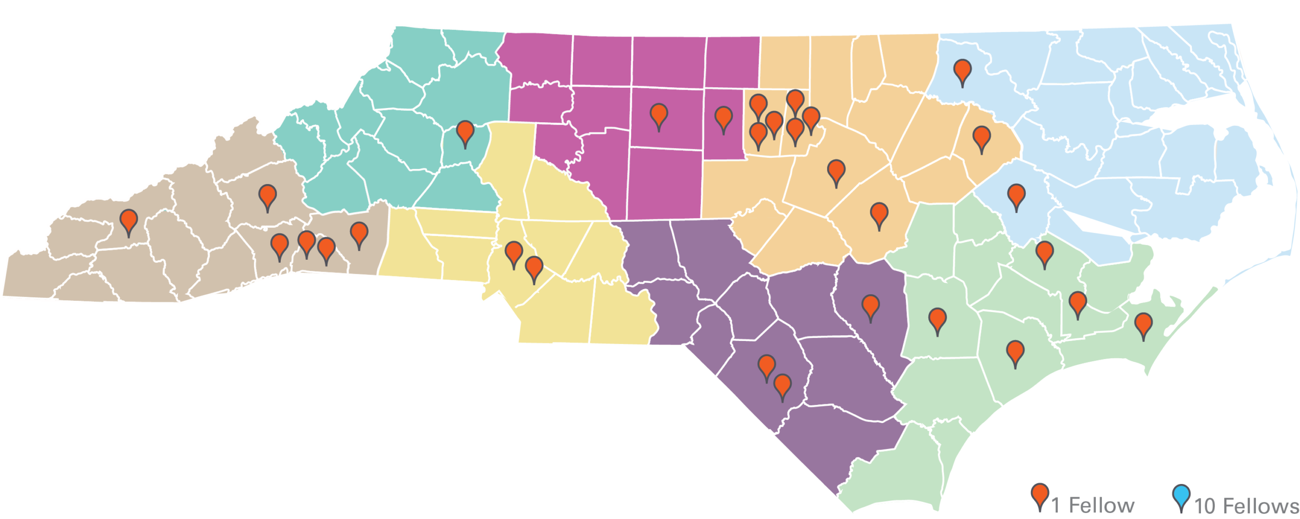 Map of NC with location dots showing the counties where the 25-26 Kenan Fellows are located.