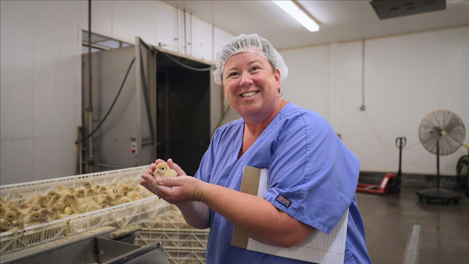 Portrait of Anna Gillespie, a math teacher at Sampson Early College High School, visiting a turkey production facility as part of her fellowship with the North Carolina Farm Bureau.