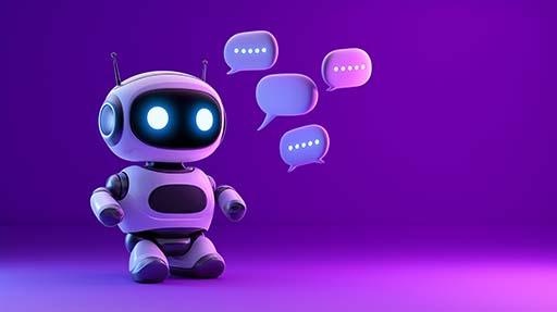 Friendly ai robot character sending messages using speech bubbles, on purple background